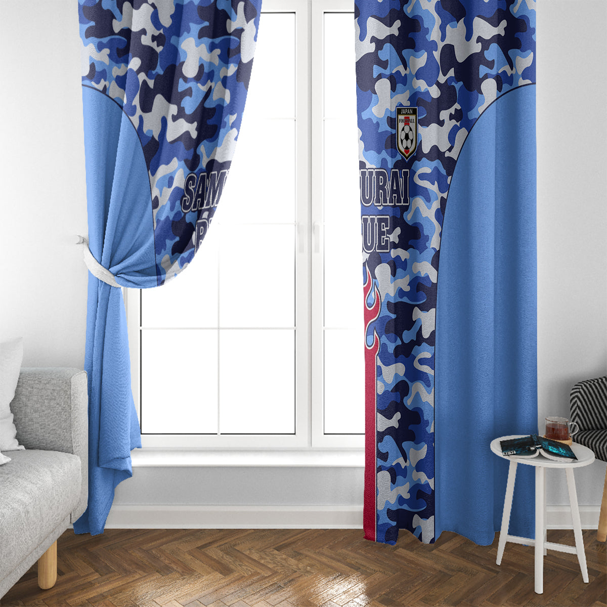 Blue camouflage window curtains with crest emblem, vertical red stripe detail