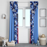 Pair of blue camouflage window curtains with crest and “SAMURAI BLUE” text