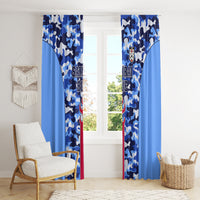 Blue camouflage curtain panels with central crest emblem and flame graphic