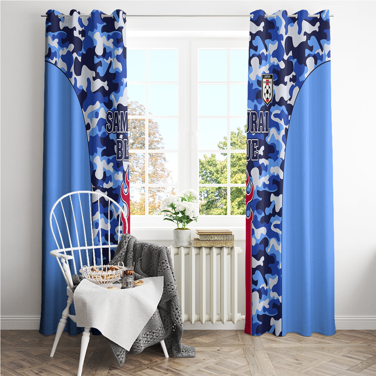 Blue camouflage window curtains with “SAMURAI BLUE” text and crest emblem