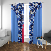 Blue camouflage window curtain panels with crest emblem and red stripe trim