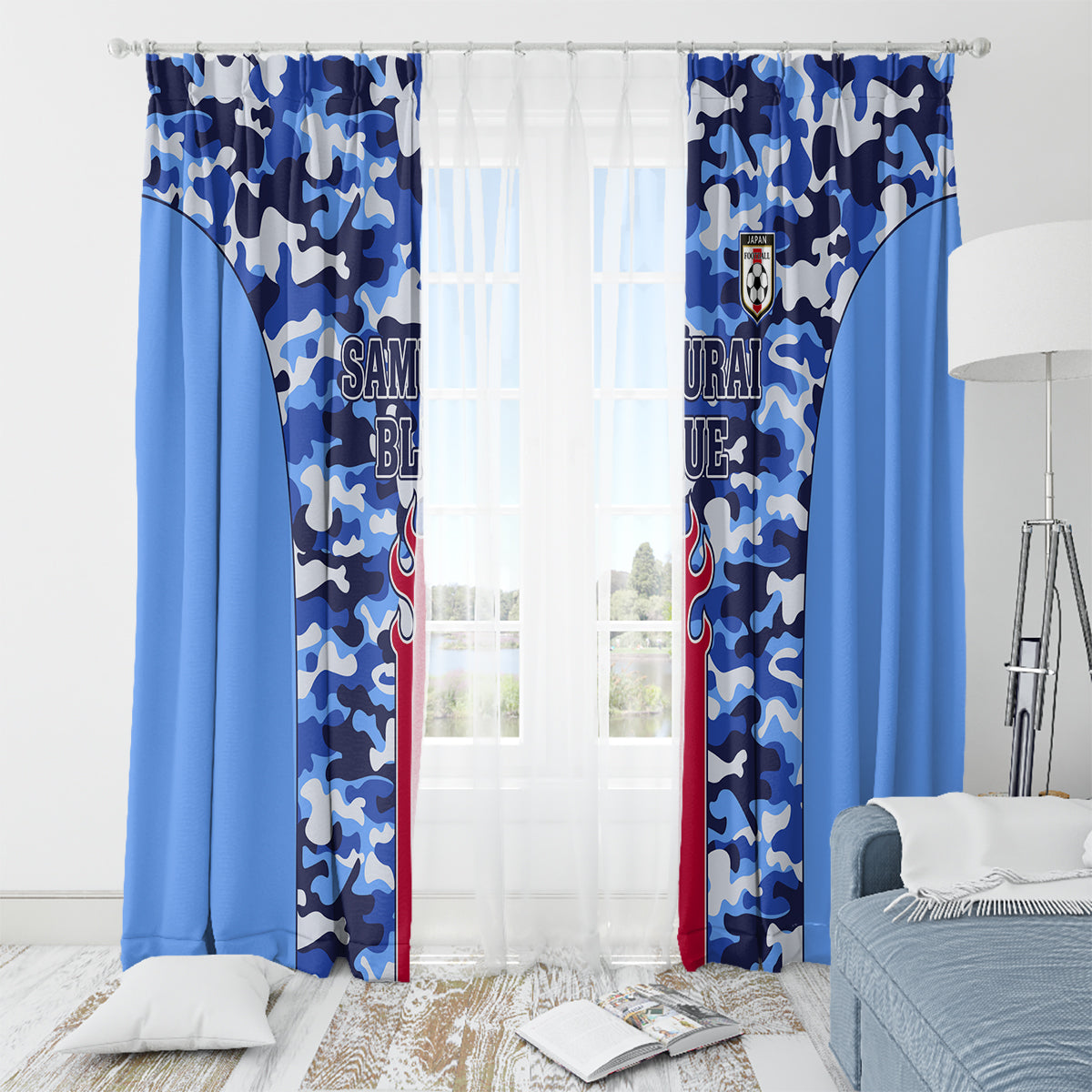 Blue camouflage window curtain panels with rod-mounted top, crest and “SAMURAI BLUE” text