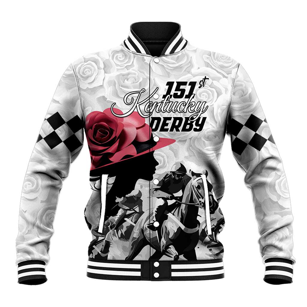 White baseball jacket, striped ribbed collar, checkered sleeves, rose graphic, snap front
