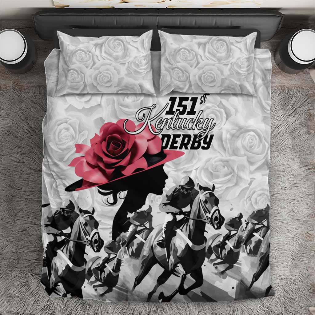 White bedding set with rose and Kentucky Derby-inspired horse silhouette print