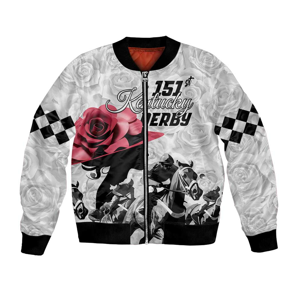 White bomber jacket with front zip, rose graphic, horse racing scene, black rib trim