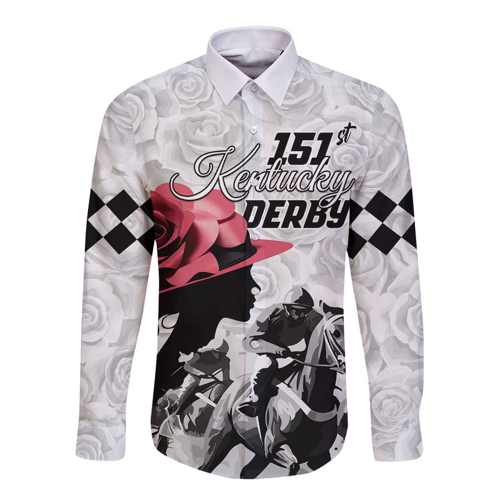 White long-sleeve button shirt with Kentucky Derby 151st graphic, roses and riders