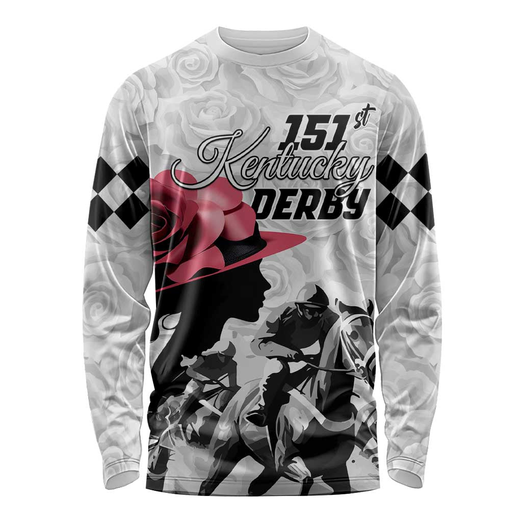 White long sleeve shirt with 151st Kentucky Derby logo, red hat silhouette and roses