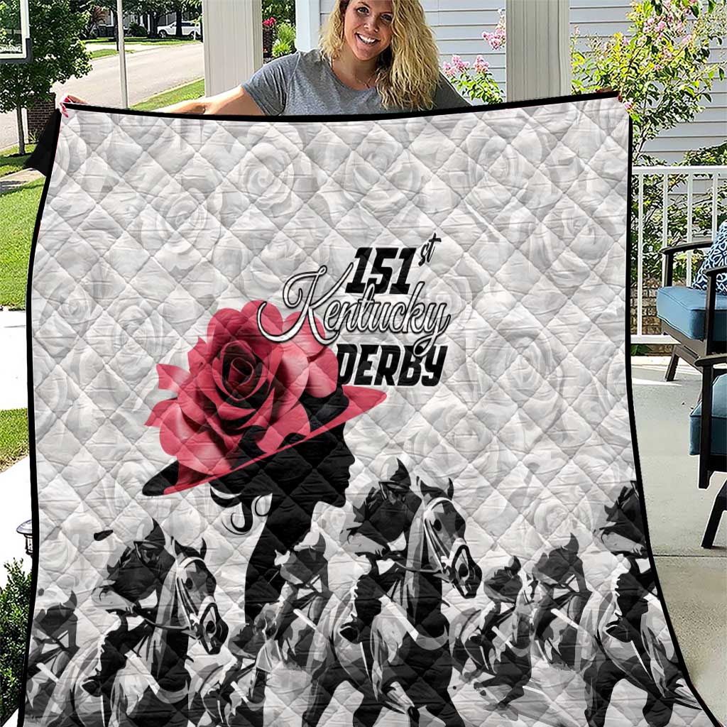 White quilt with diamond quilting, red rose and 151st Kentucky Derby horse silhouette graphic.
