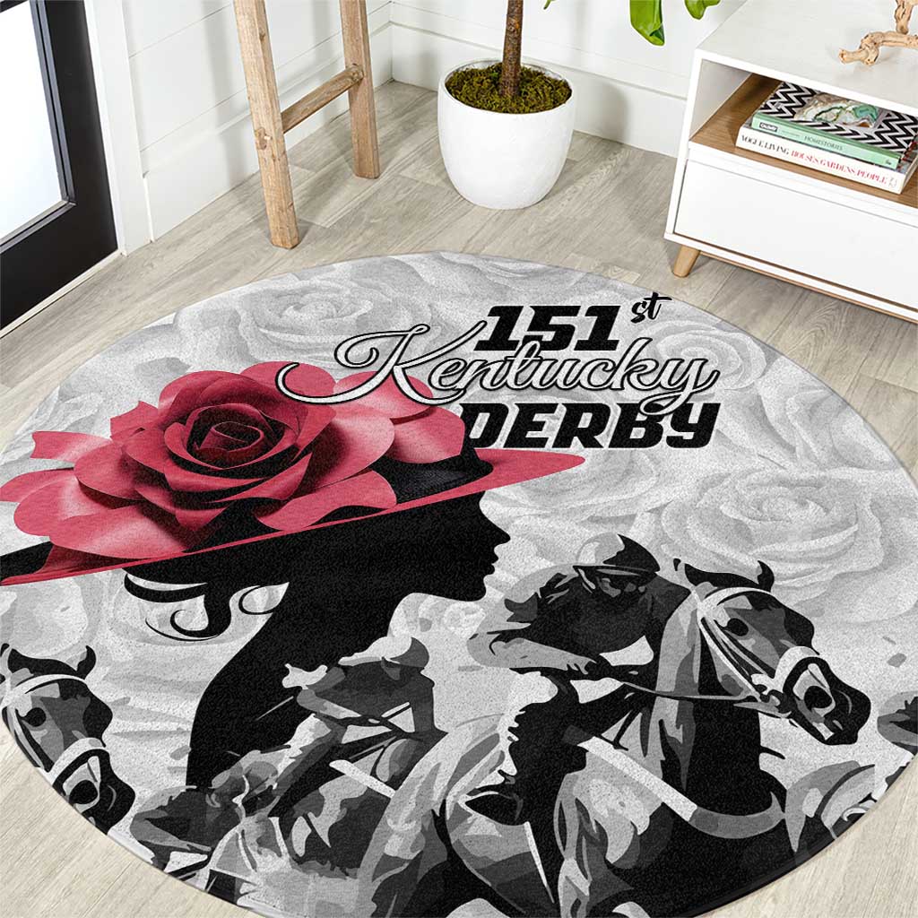 Round carpet rug with gray horse-race silhouettes, red rose, and "151st Kentucky Derby" text