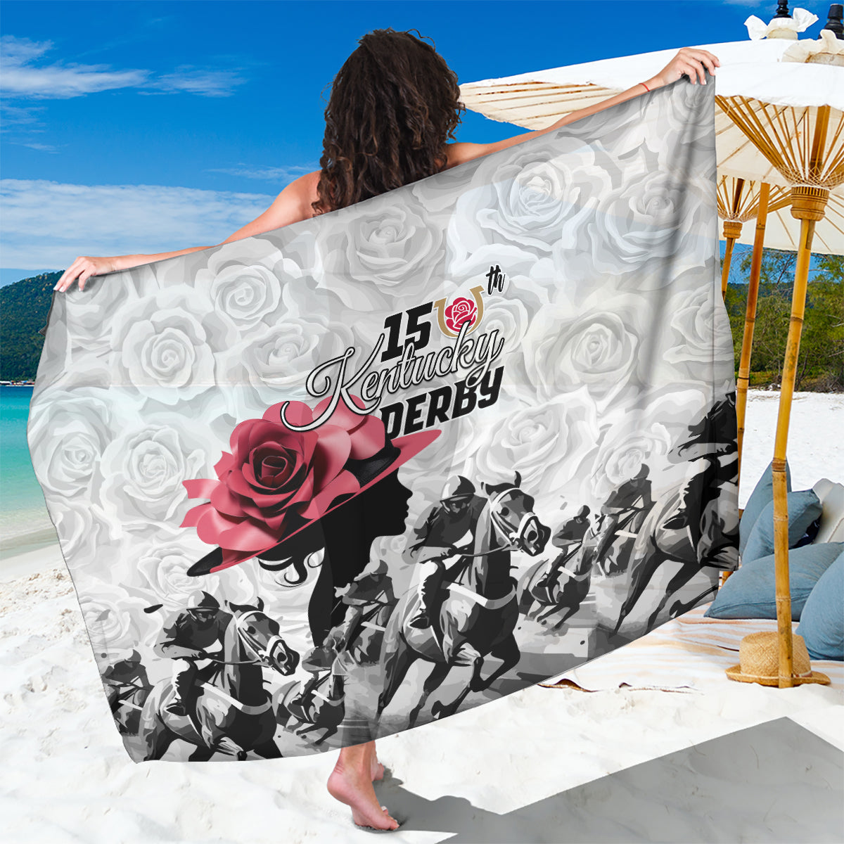 Kentucky Horse Racing Happy 150th Anniversary Sarong Silhouette Girl Derby Hat With Rose - Wonder Print Shop