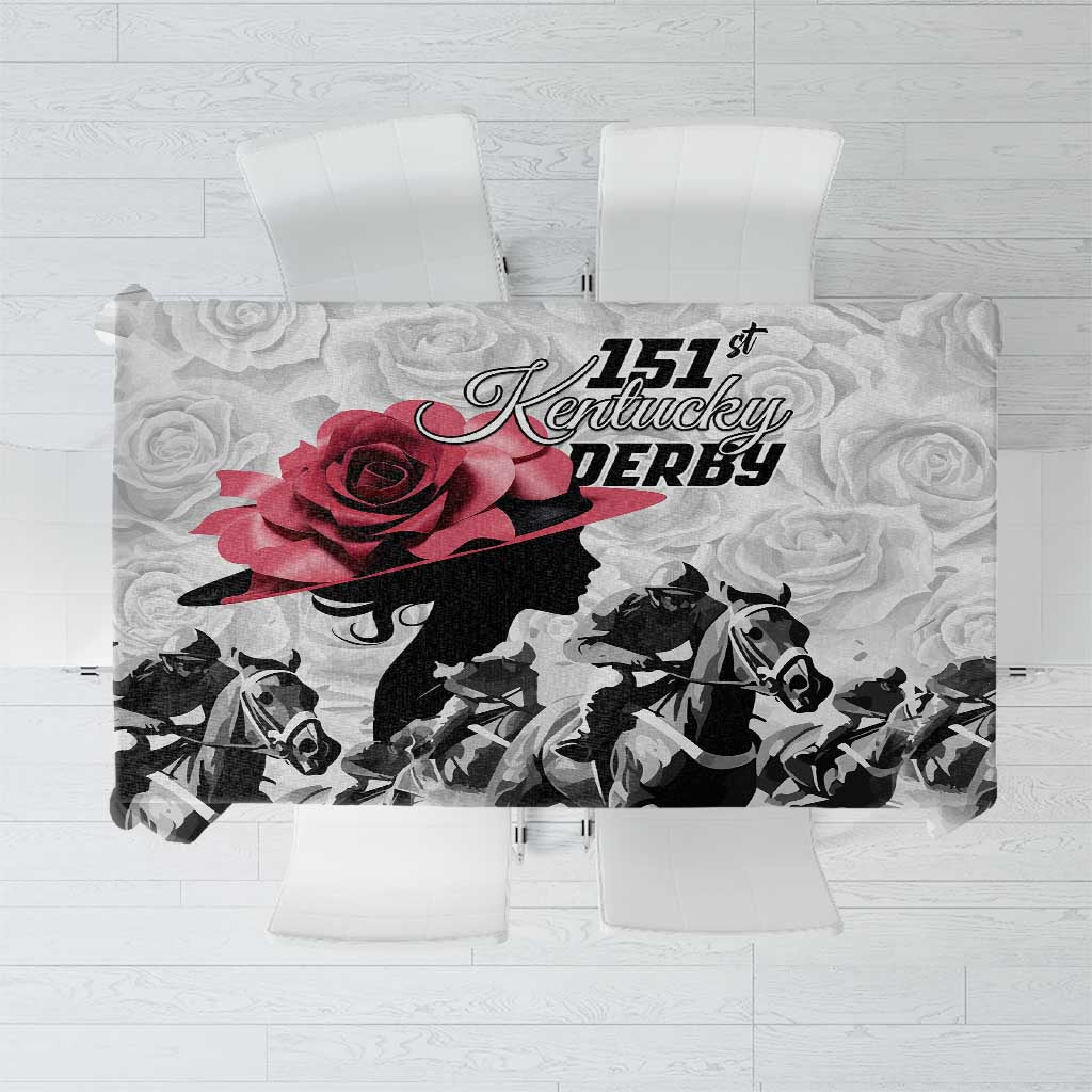 White tablecloth with 151st Kentucky Derby logo, red rose, and black horse silhouettes.