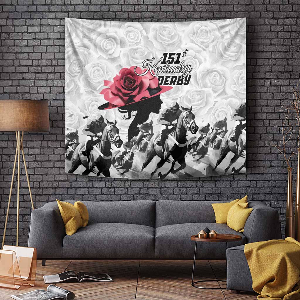 White wall tapestry with 151st Kentucky Derby text, rose hat silhouette, black horses line art