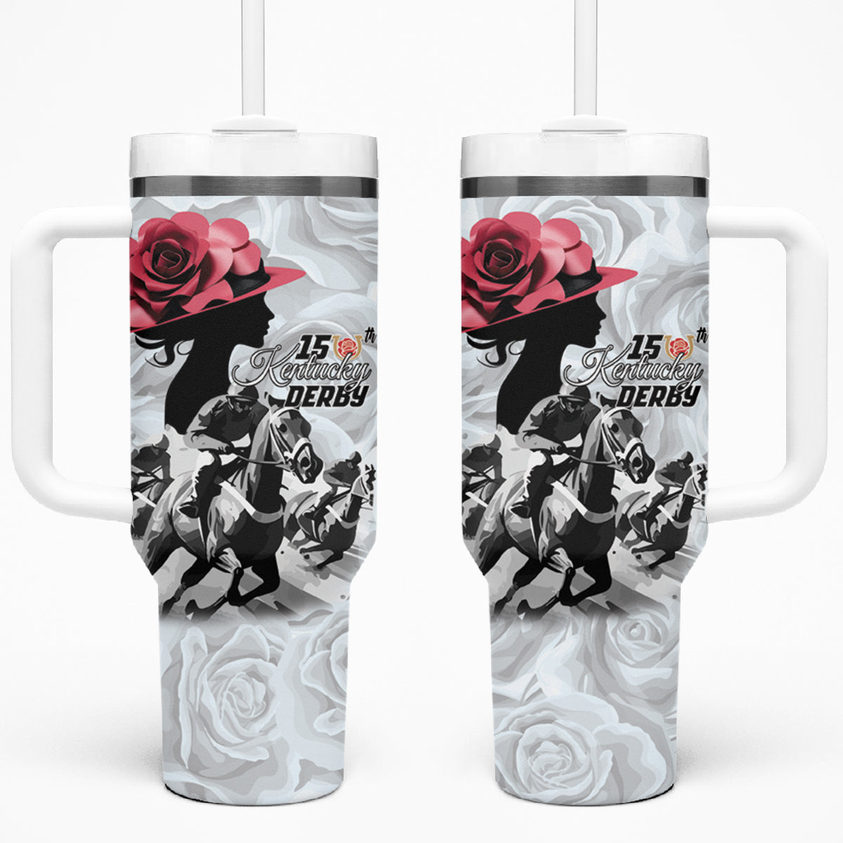 Kentucky Horse Racing Happy 150th Anniversary Tumbler With Handle Silhouette Girl Derby Hat With Rose - Wonder Print Shop