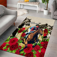 Horse-and-jockey themed area rug with bold roses and Kentucky Derby script