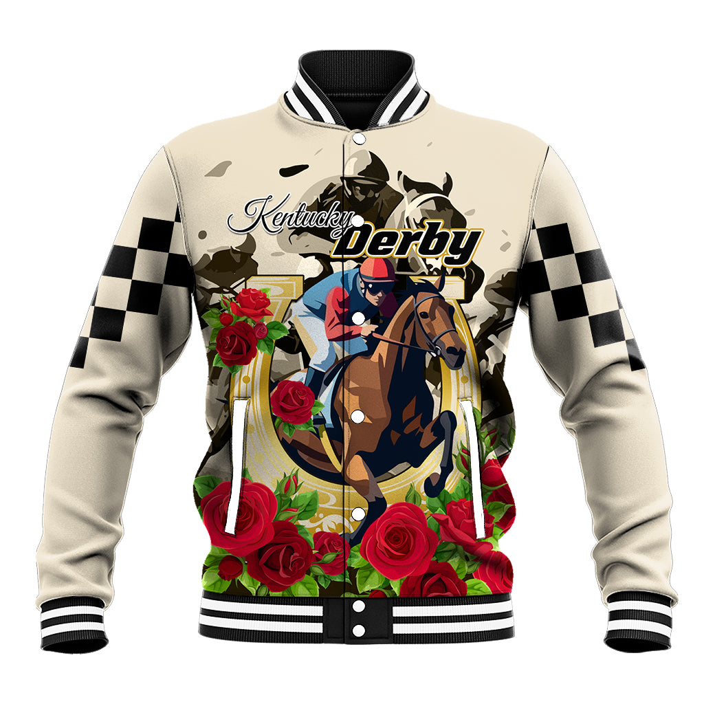 Unisex beige baseball jacket with horse and floral graphic, black checkered sleeves