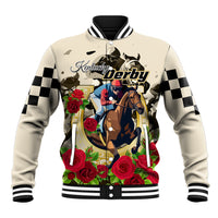 Unisex beige baseball jacket with horse and floral graphic, black checkered sleeves