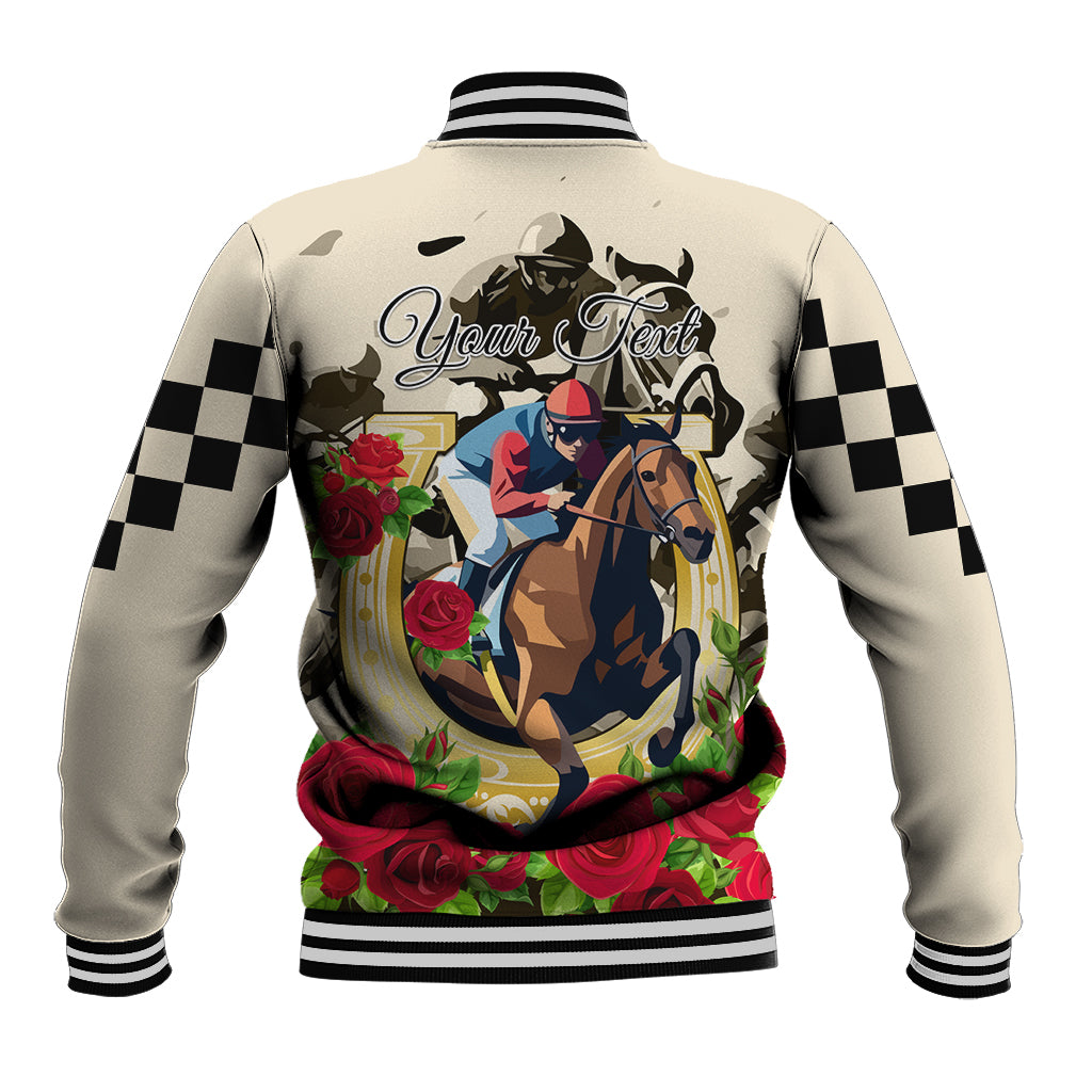 Unisex beige baseball jacket, back horse and floral print, black checkered sleeves