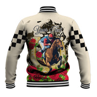 Unisex beige baseball jacket, back horse and floral print, black checkered sleeves
