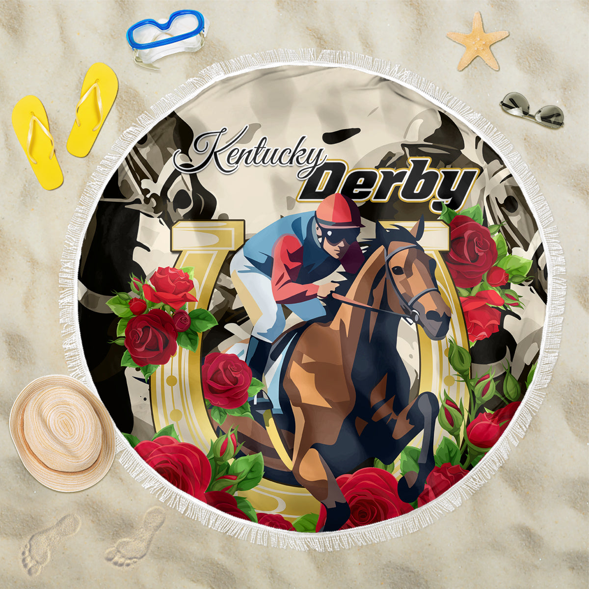 Round beach blanket with horse rider, roses, “Kentucky Derby” text, and fringe border