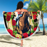 Round beach blanket held up: horse rider, “Kentucky Derby” logo, red roses, white fringe