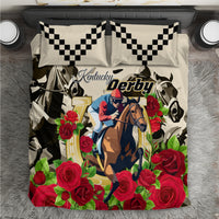 Horse racing bedding set with cream duvet, rose and horse artwork, checkered pillows