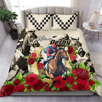 Horse racing bedding set on a bed: cream duvet with Derby horse graphic and red roses