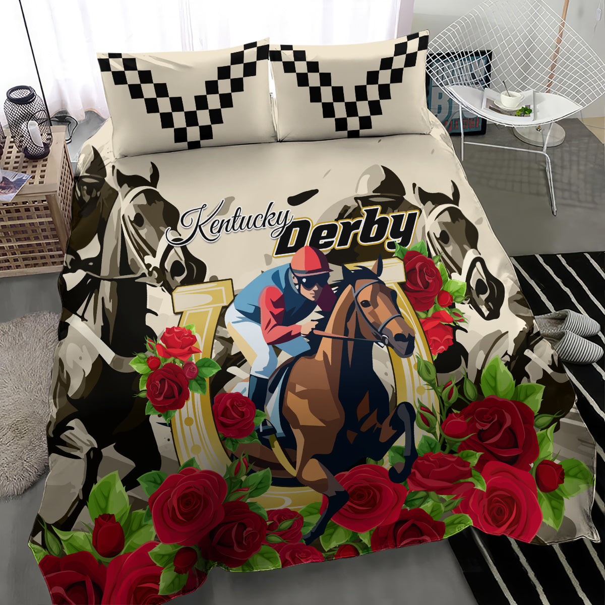 Horse racing duvet bedding set with cream base, bold horse-and-roses print, black check pillows