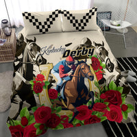 Horse racing duvet bedding set with cream base, bold horse-and-roses print, black check pillows