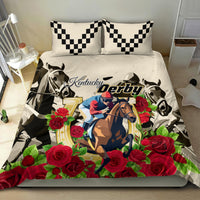 Cream horse racing bedding set featuring Derby horse art, red roses, and black checkered pillowcases