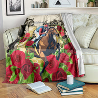 Kentucky Derby racing blanket with horse and floral rose graphic in red, green, and black