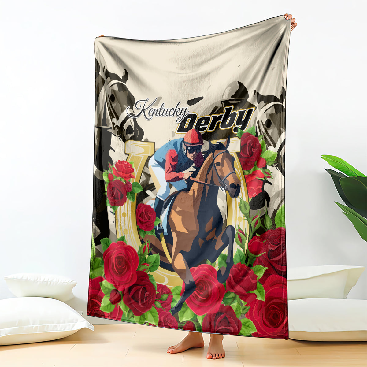 Throw blanket featuring Kentucky Derby horse rider graphic with red roses and green leaves