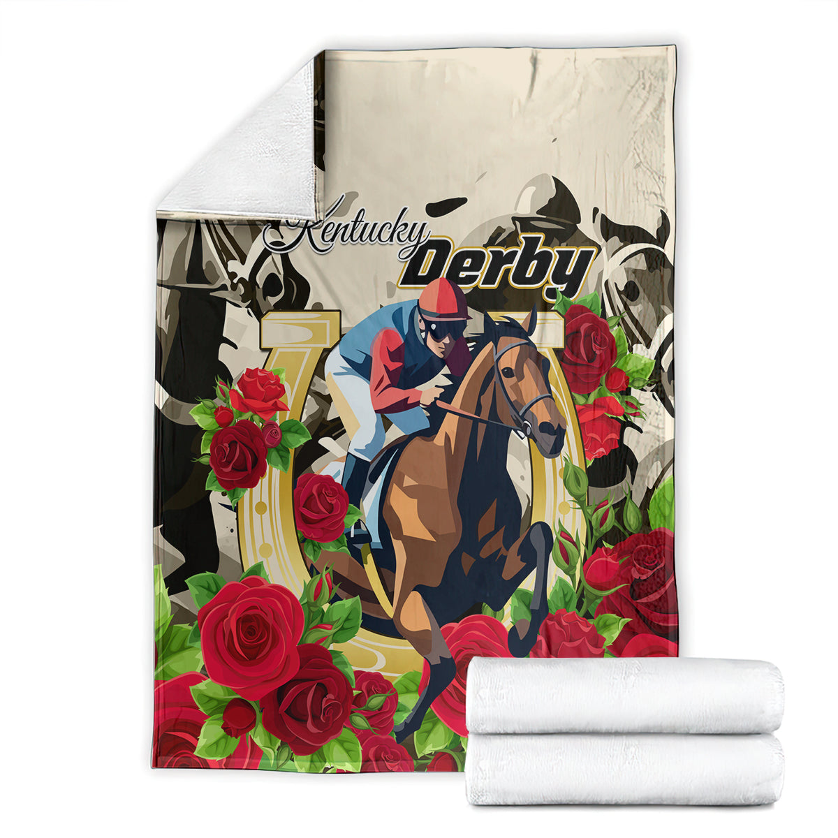 Kentucky Derby horse racing blanket folded with red roses and green foliage around the rider