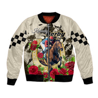 Yellow bomber jacket with zip front, horse-and-roses graphic, black ribbed cuffs