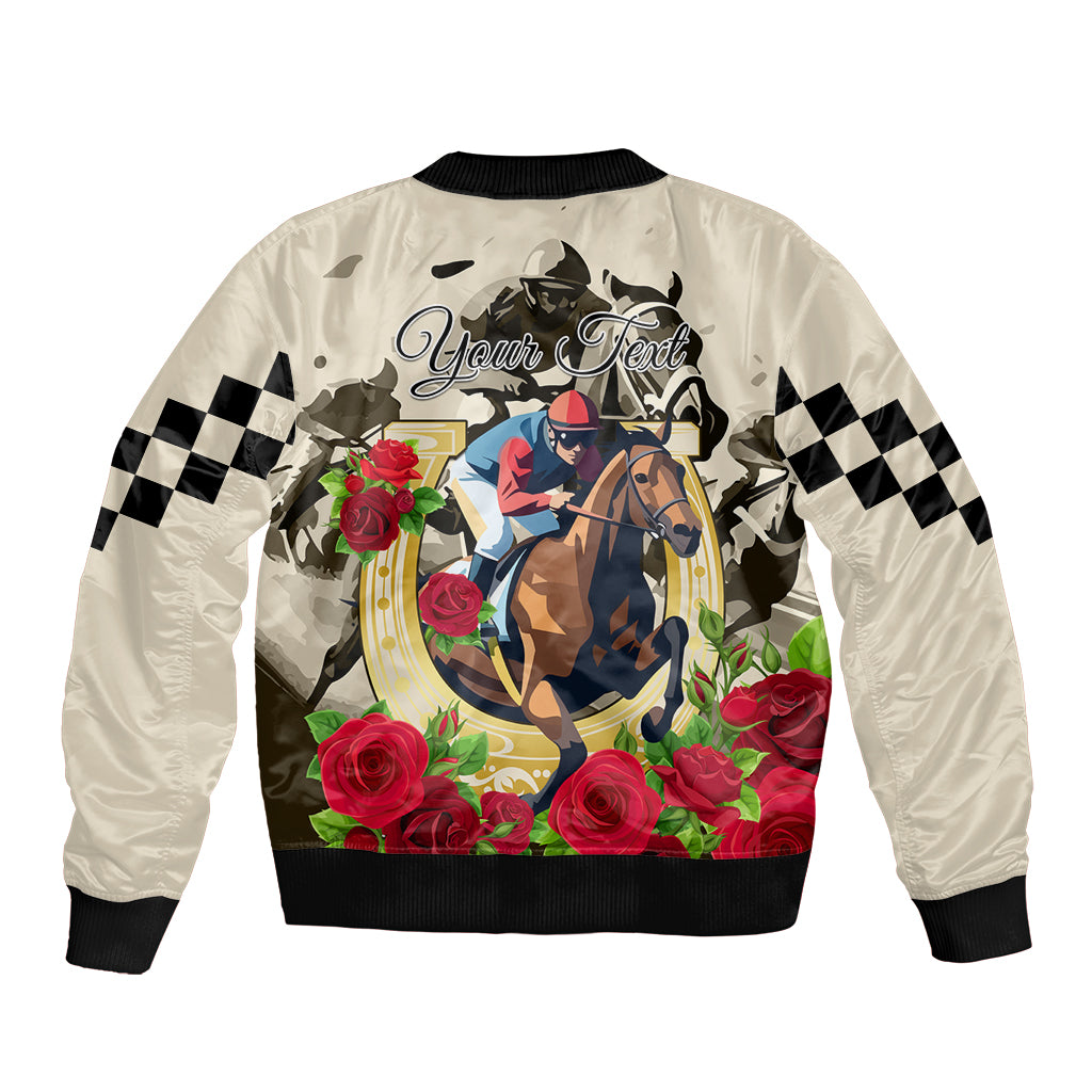 Yellow bomber jacket with horse and rose graphic, checkered sleeves, ribbed hem