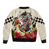 Yellow bomber jacket with horse and rose graphic, checkered sleeves, ribbed hem