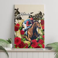 Canvas wall art with jockey and brown horse, red roses, and Kentucky Derby lettering