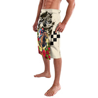 Off-white printed lavalava skirt/shorts with horse collage, roses, and checkered panels