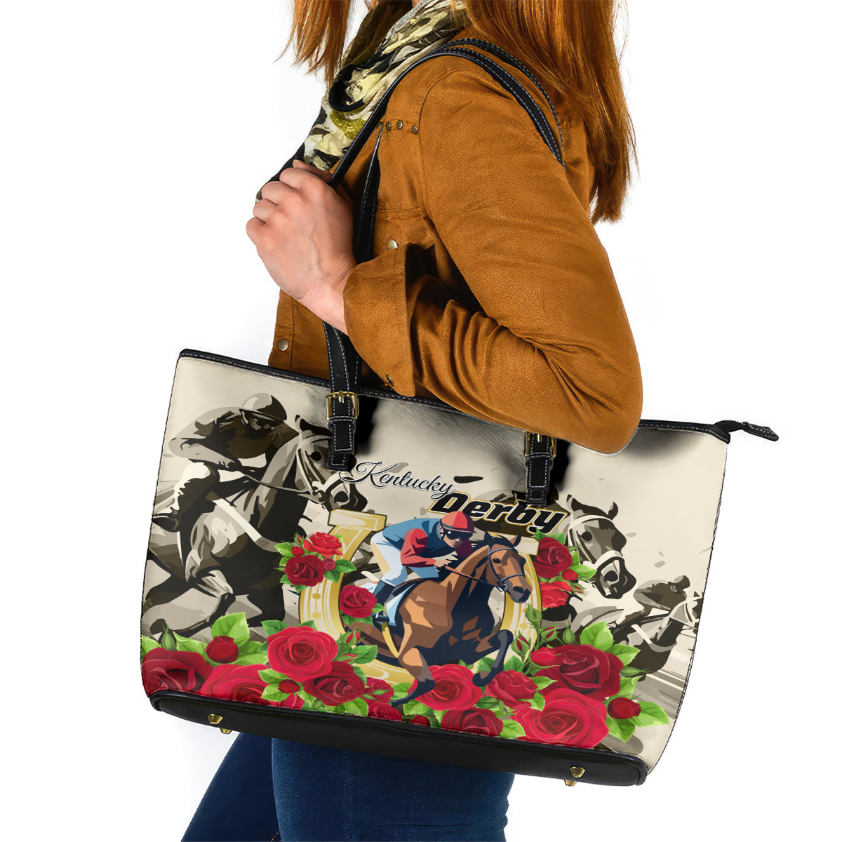 Kentucky horse racing leather tote bag with black trim, horse/rider graphic, red roses