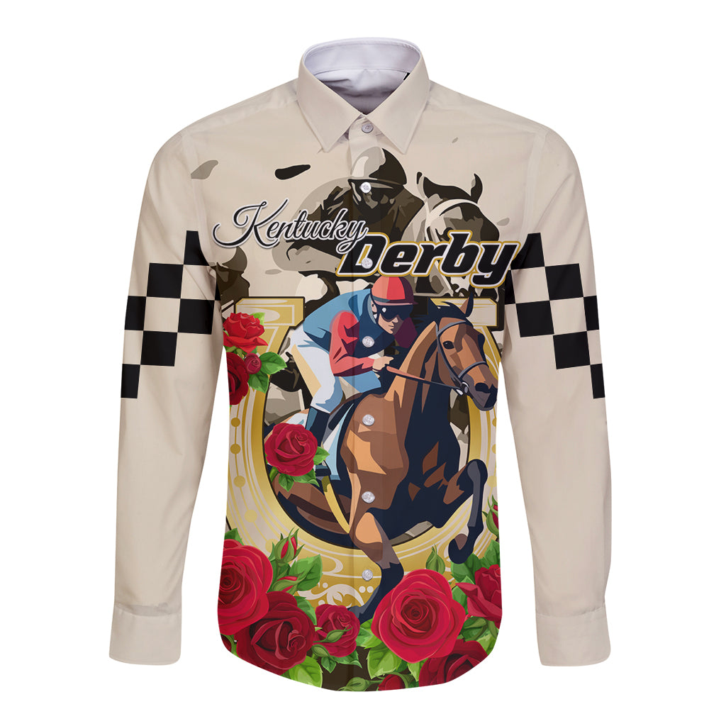 Light beige long sleeve button shirt with Kentucky Derby horse and rose graphic, checkered accents