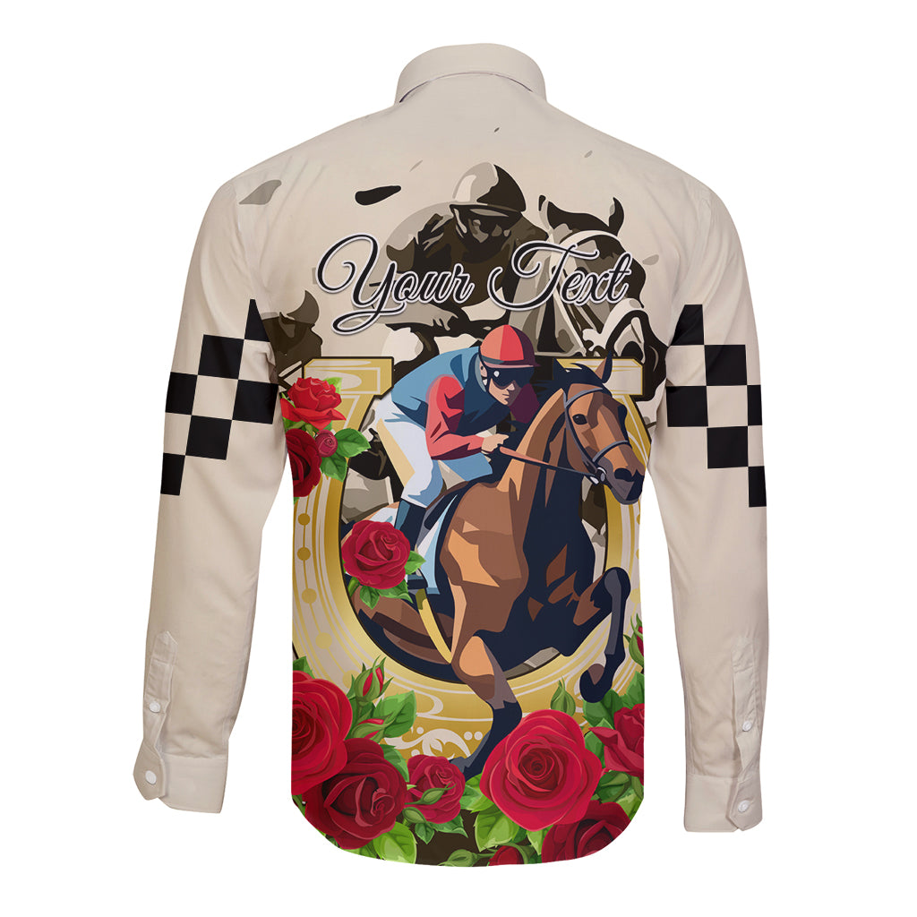 Light beige long sleeve button shirt with Your Text back graphic, horse and roses, checkered