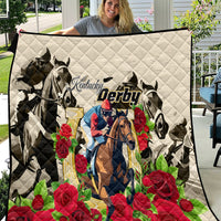 White quilt with Kentucky Derby horse graphic and red roses, diamond-quilted pattern