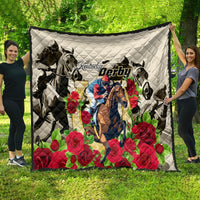 White Kentucky Derby quilt blanket with horse artwork and red rose flowers