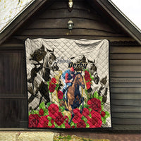 White wall-hung quilt with Kentucky Derby horse and red rose floral design