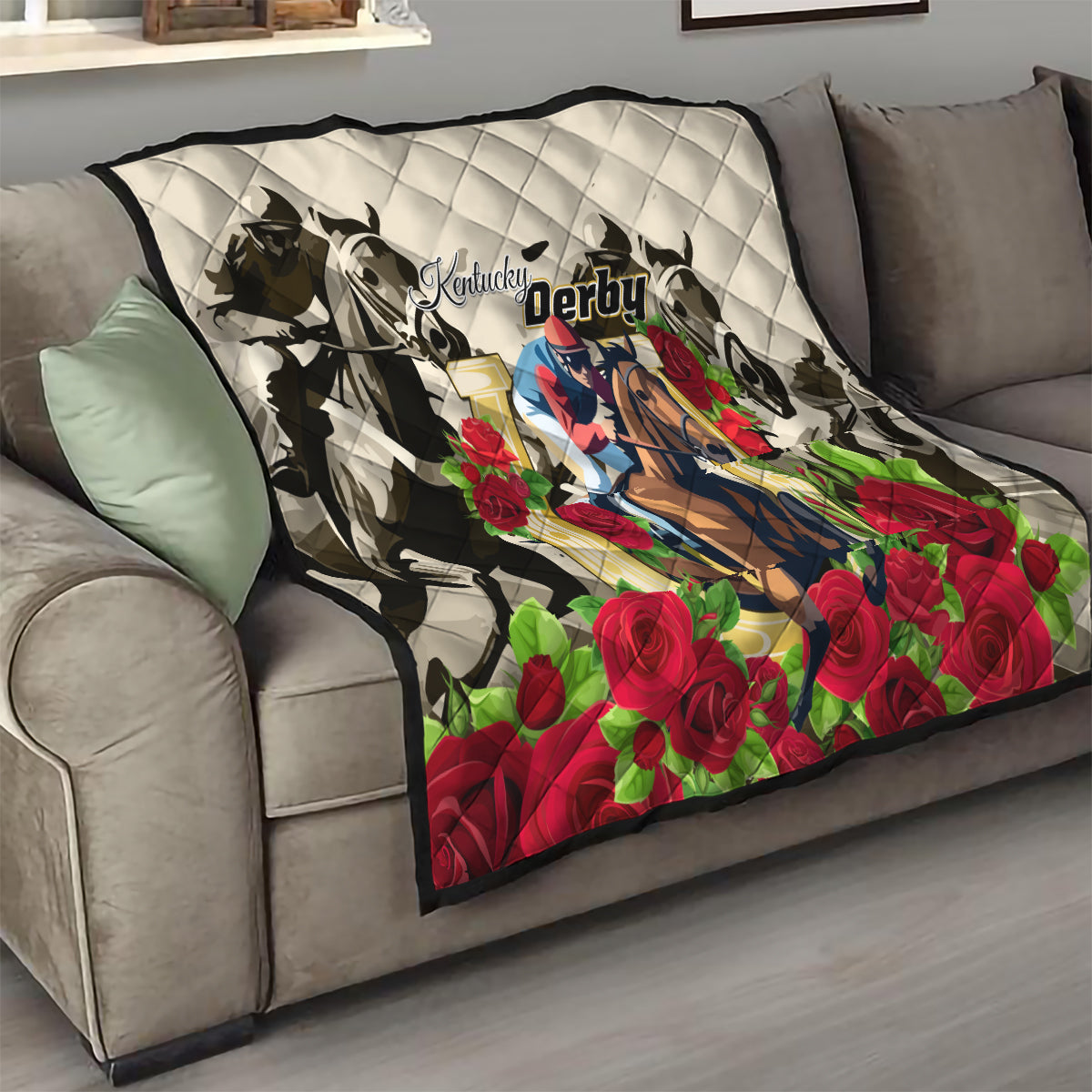 White sofa throw quilt with Kentucky Derby horse artwork and red rose border
