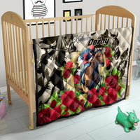 White baby crib quilt with Kentucky Derby horse graphic and red rose flowers