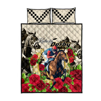 Quilt bed set with quilt and 2 checkered pillow shams; Kentucky Derby jockey and roses