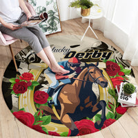 Round carpet in use: jockey and horse graphic with red roses and green leaves on black