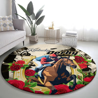 Round Kentucky Derby carpet, central jockey and horse with red roses around the border