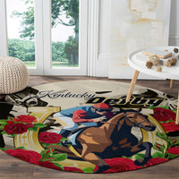 Round carpet with Kentucky Derby text, jockey and horse in blue and tan with roses