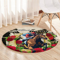 Round Kentucky Derby carpet on light wood floor, jockey and horse with red roses border